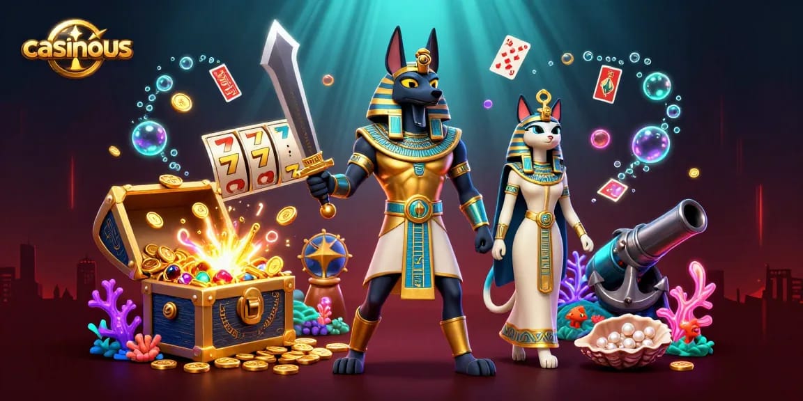 Engage with the exciting casino scene featuring casinous characters, gold coins, and glowing slot reels.