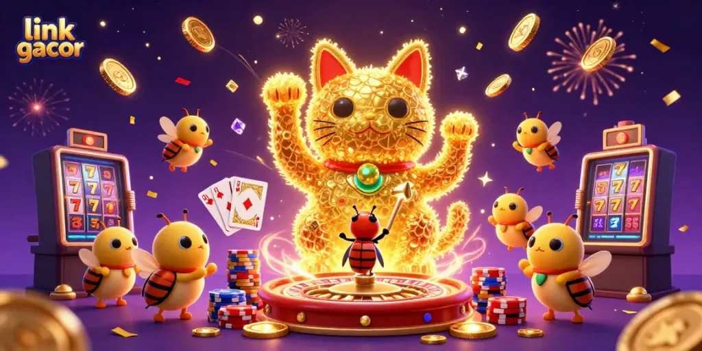 Experience the thrill of link gacor with golden fireflies forming a lucky cat surrounded by casino elements.