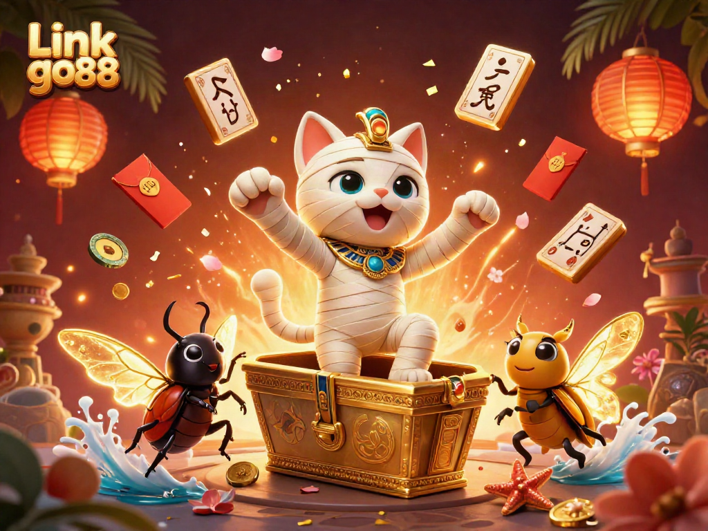Experience the excitement of Link go88 with a dynamic illustration featuring an Egyptian mummy cat in a vibrant casino