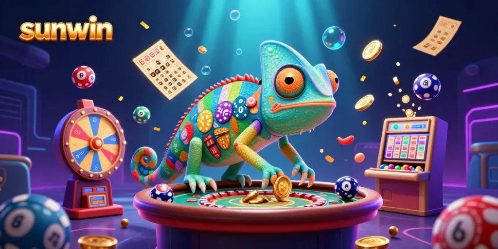 Engaging scene showcasing the sunwin chameleon casino owner in a vibrant casino atmosphere with dynamic lottery elements and prizes.