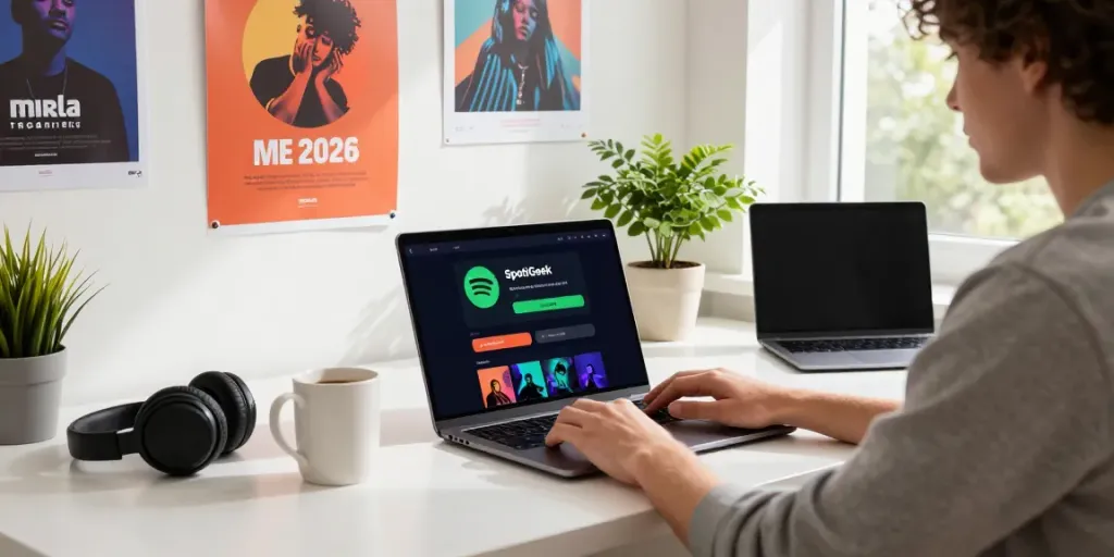 Engaging SpotiGeek workspace with laptop and music posters.