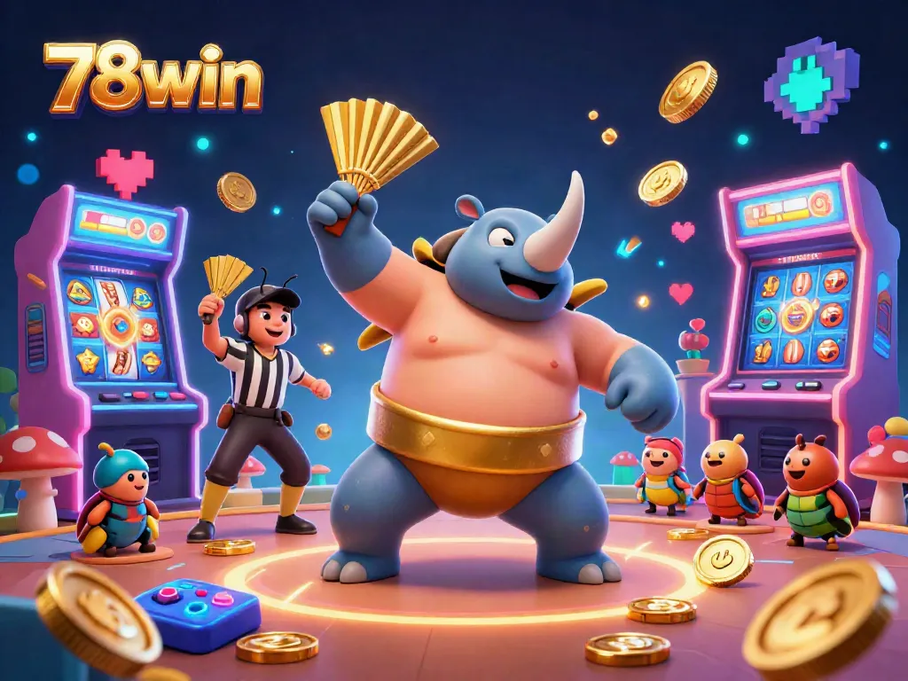 Experience thrilling gambling action with 78win in a vibrant casino-themed illustration featuring a beetle sumo champion.