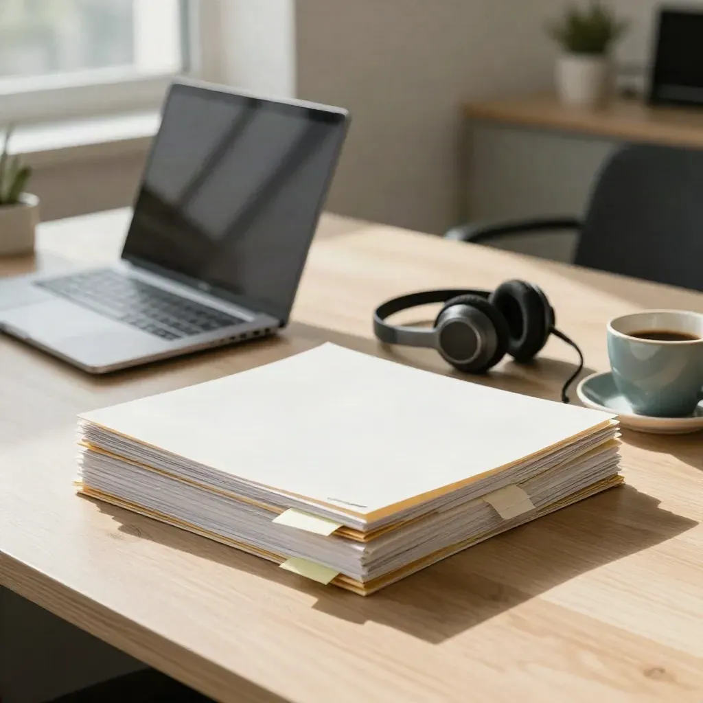 Vacature-opmaak op een licht houten bureau met laptop, mappen, headsetdock en koffiekop.