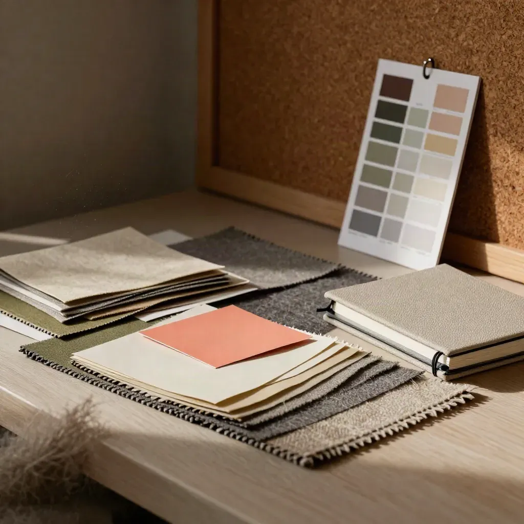 Employer-branding moodboard met stof- en papierstalen in warm, dramatisch licht.