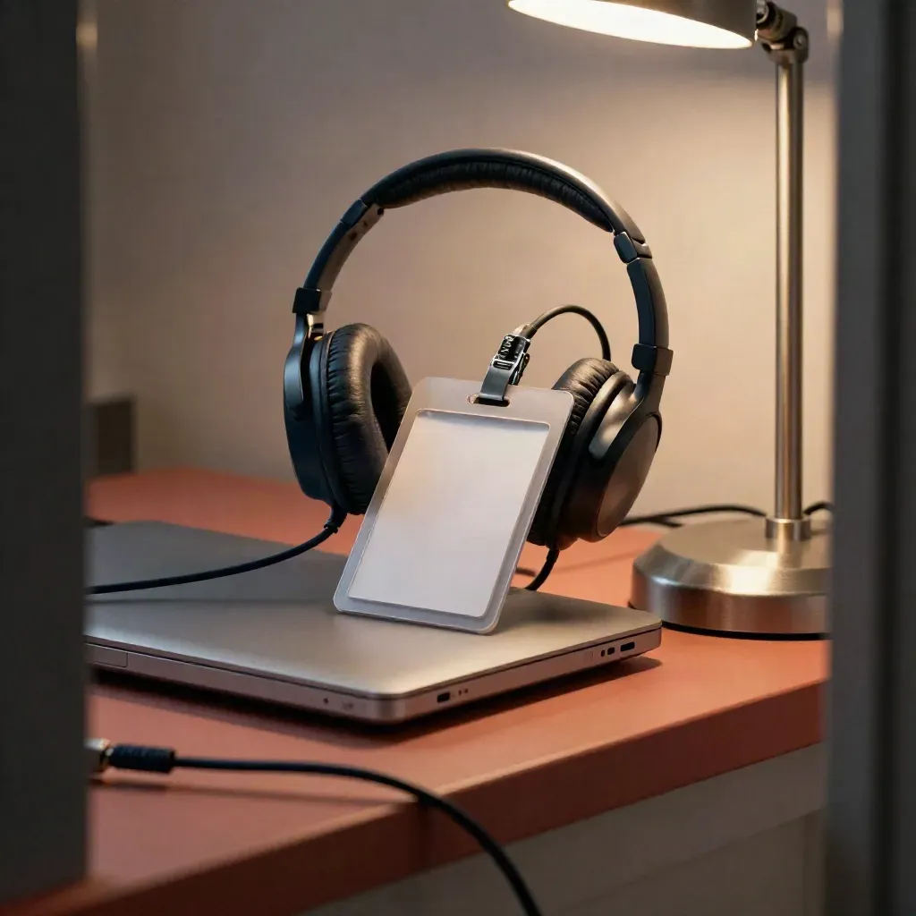 Close-up van interim-recruitmentkit: gesloten laptop, badgehouder, headset en lamp in warm terracottalicht.