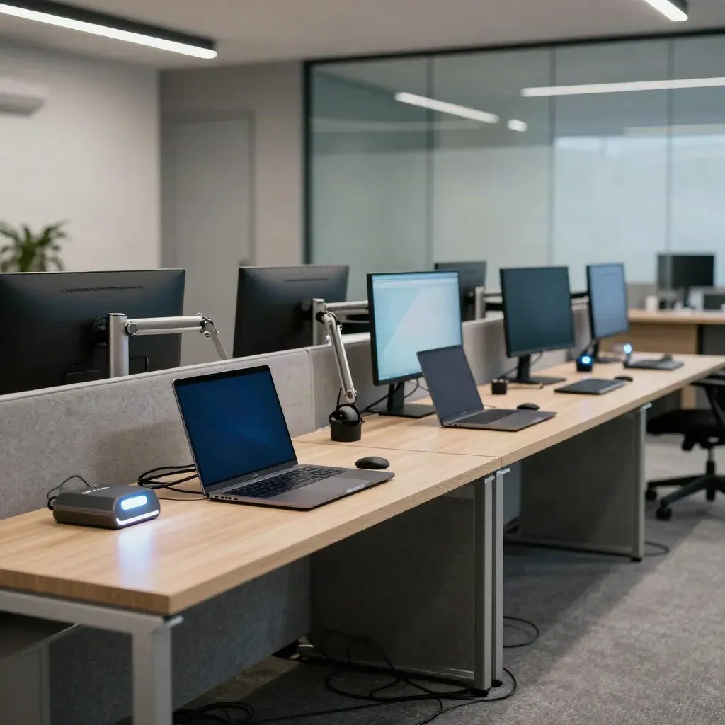 Vier actieve werkplekken in een modern techkantoor met oplichtende dockingstations en nette kabels.