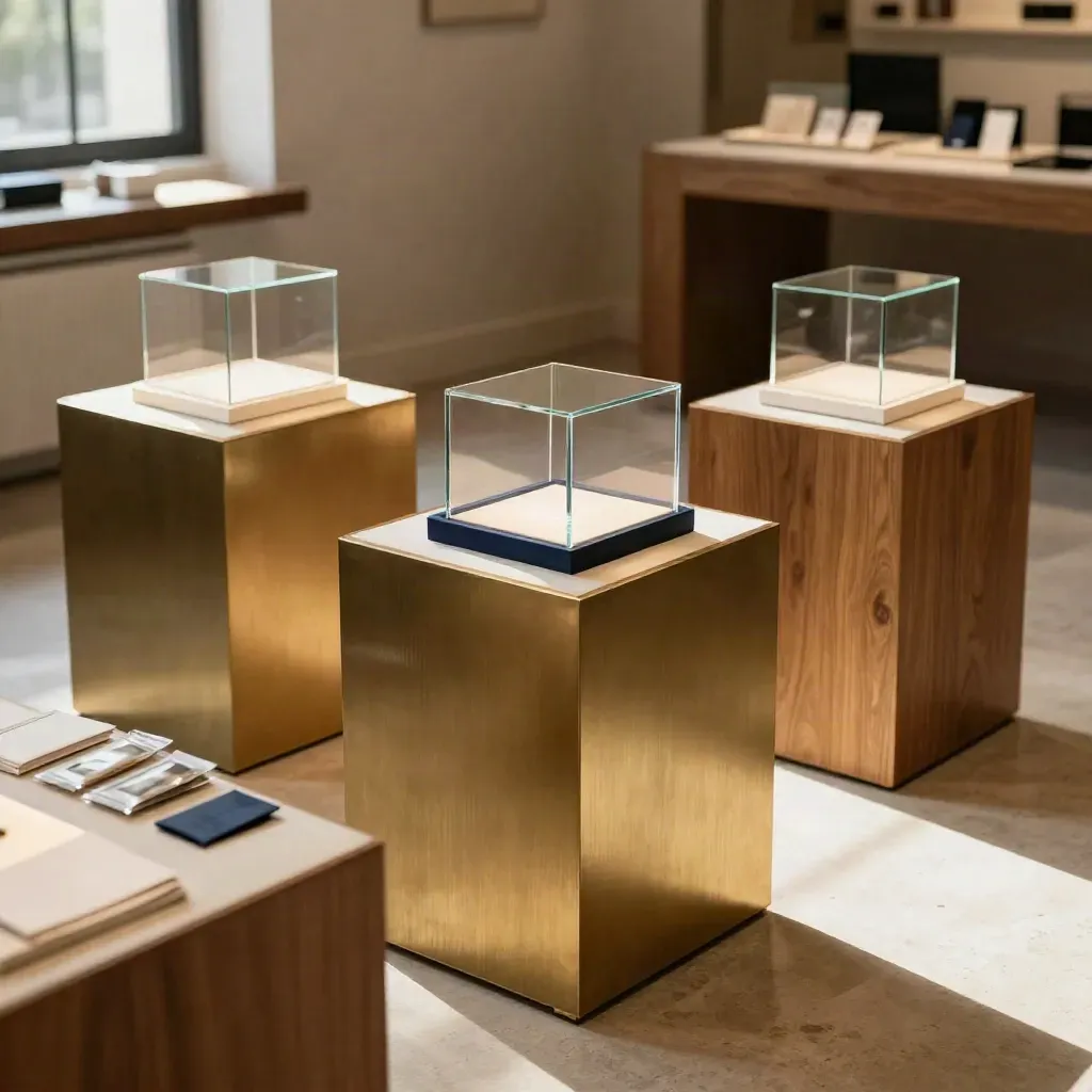 Drie verlichte demo-podia in een warme showroom met productcases en samplepacks.