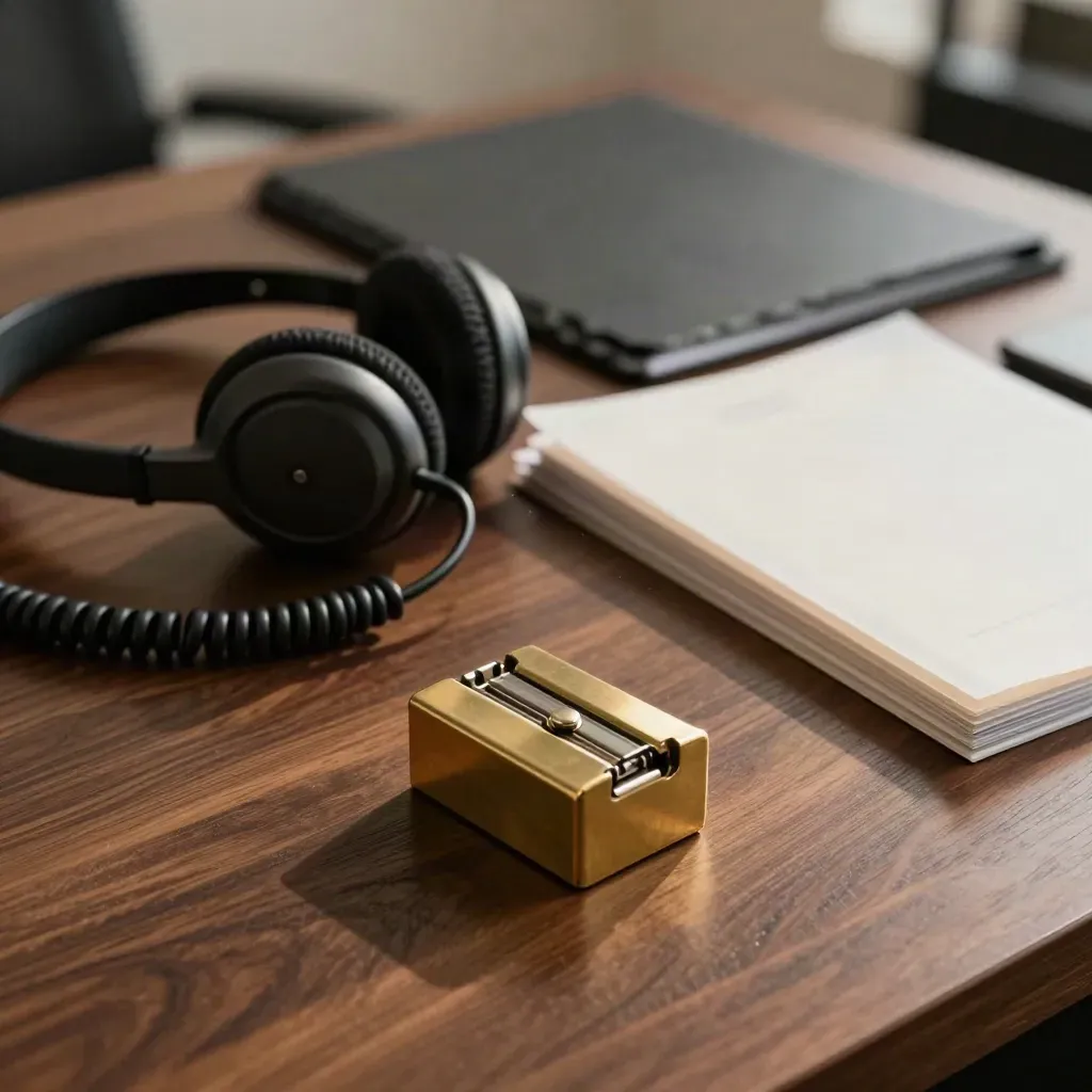 Macrofoto van recruiter-tools op een walnoothouten bureau met headset, dossiers en messing gewicht.