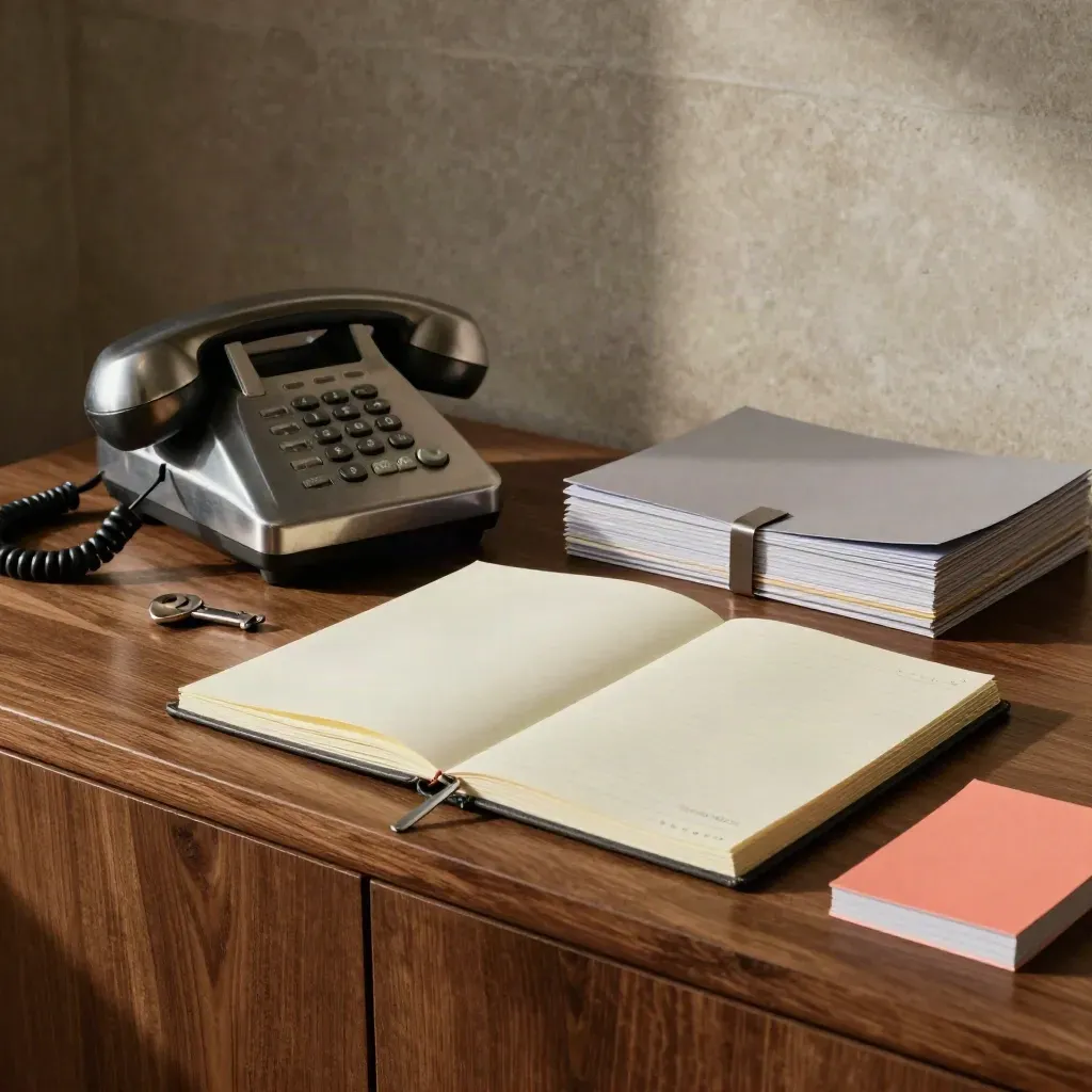 Brushed-metal telefoon, planner en dossiermappen op walnoten credenza in dramatisch licht.