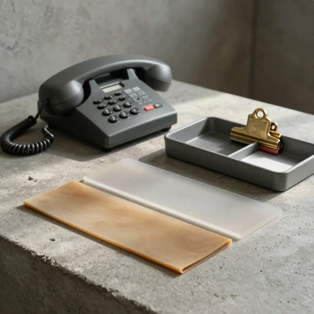 Bovenaanzicht van profielsleeves, telefoon en sorteertray op licht beton.
