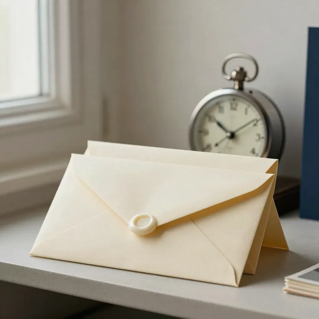 Drie enveloppen, een zakhorloge en tabbladen op een lichte plankenrand.