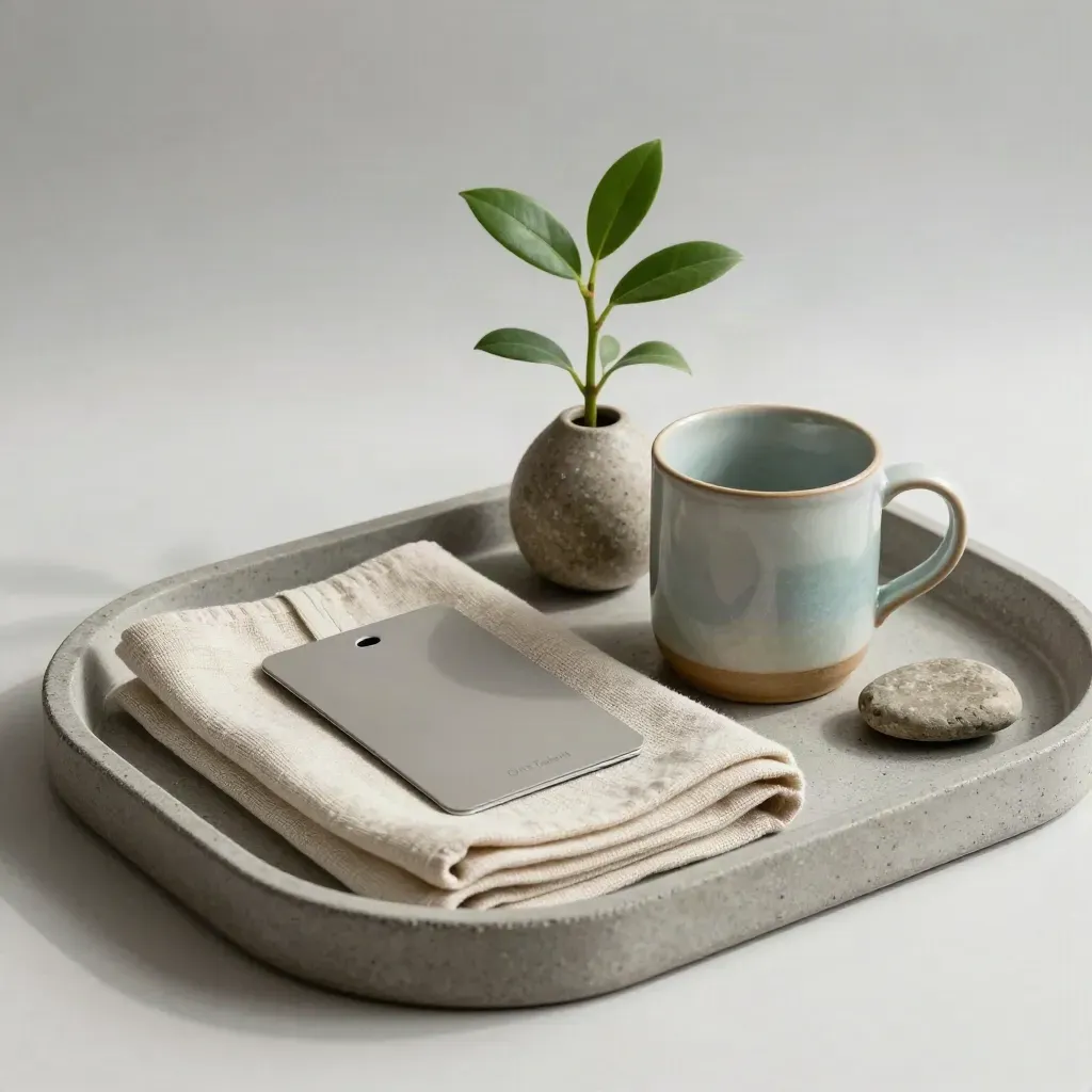 Welkomstset op een stenen tray met mok, linnen doek, plantstek en kaarthoes