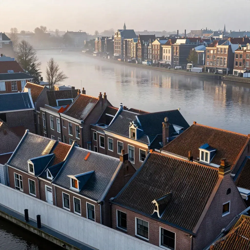Amsterdamse daken boven de IJ in mistig ochtendlicht, rustig water en lage skyline.