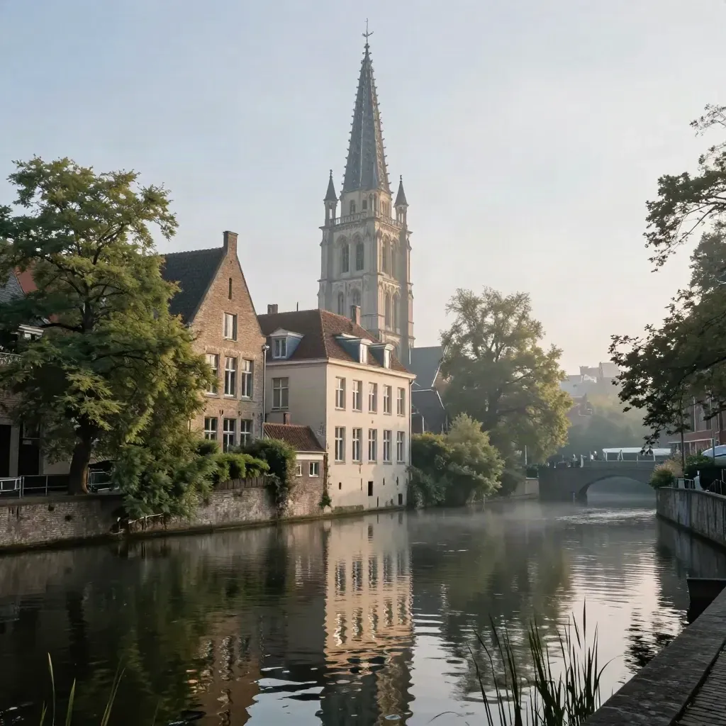 Domtoren boven mistig Utrecht met rustige gracht en open ruimte voor tekst
