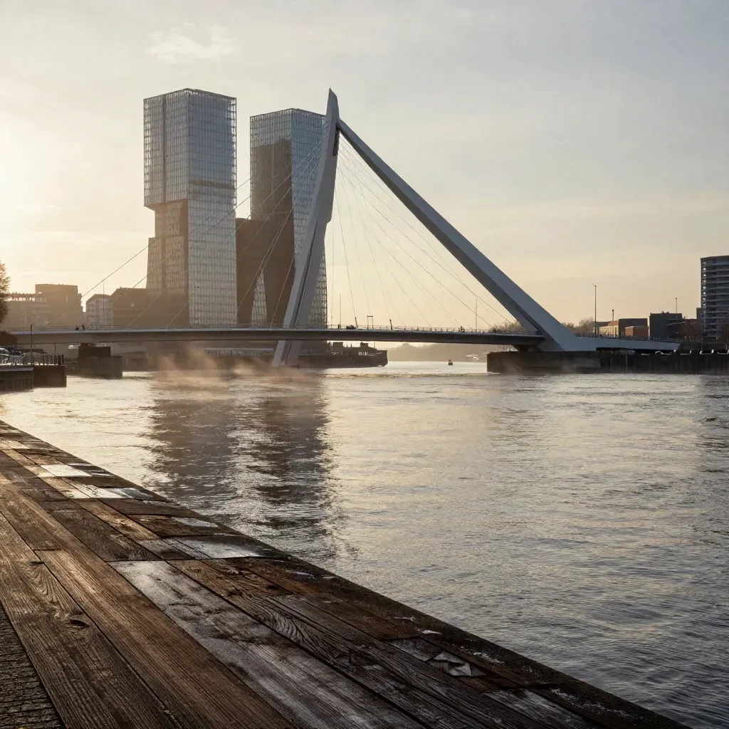 Rotterdam met de Erasmusbrug boven de Maas in warme avondmist
