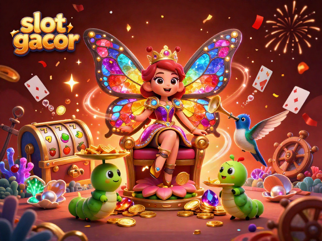 Engaging scene of slot gacor featuring a butterfly queen and vibrant casino elements.
