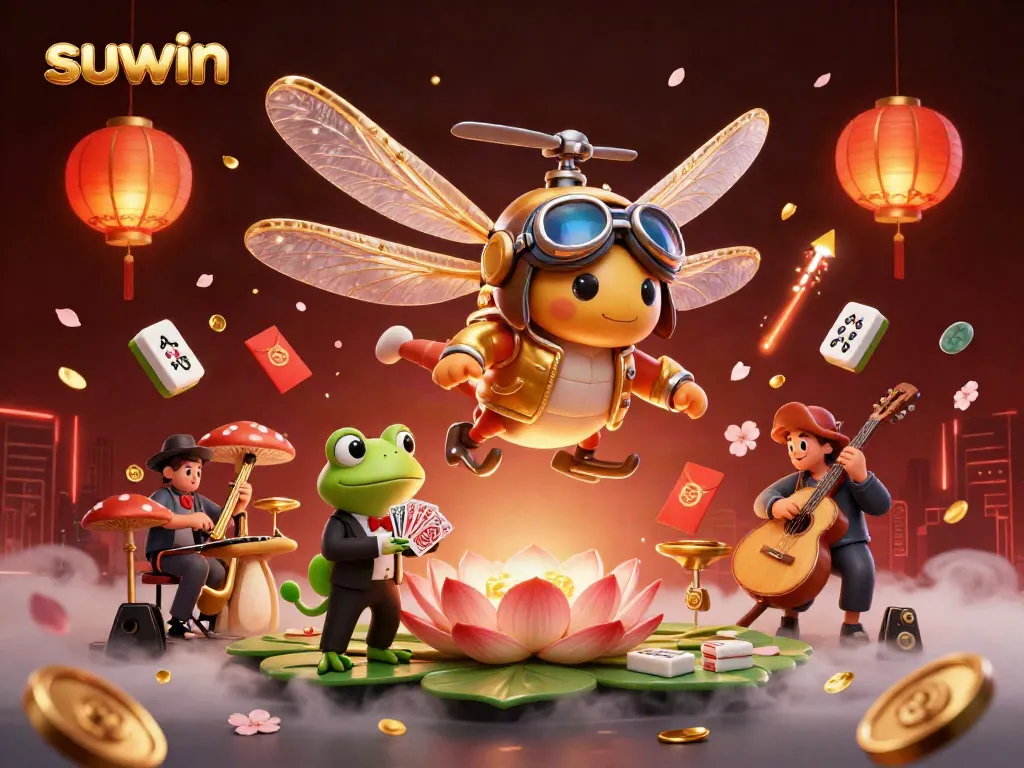 Engage with suwin at the lily pad casino where vibrant characters and elements create a lively gambling atmosphere.