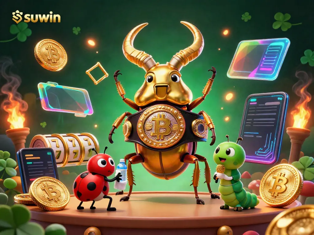 Engage with suwin gaming dynamics featuring a golden stag beetle amidst vibrant casino elements.