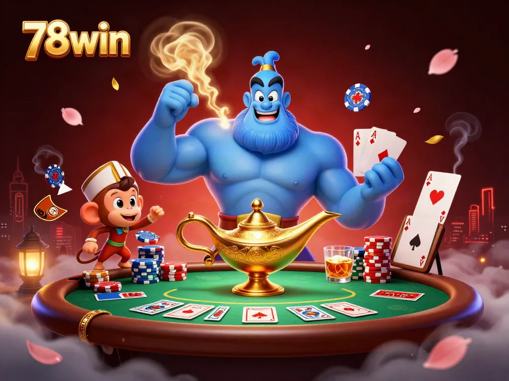 Engage with the vibrant world of 78win's casino, showcasing a blue genie and poker elements.