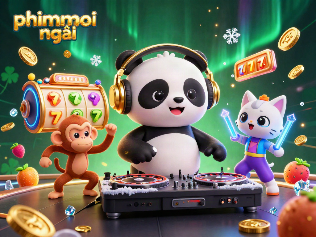 Spin the reels with phimmoi mới's colorful gambling scene featuring a DJ panda, dancing monkey, and kitten.