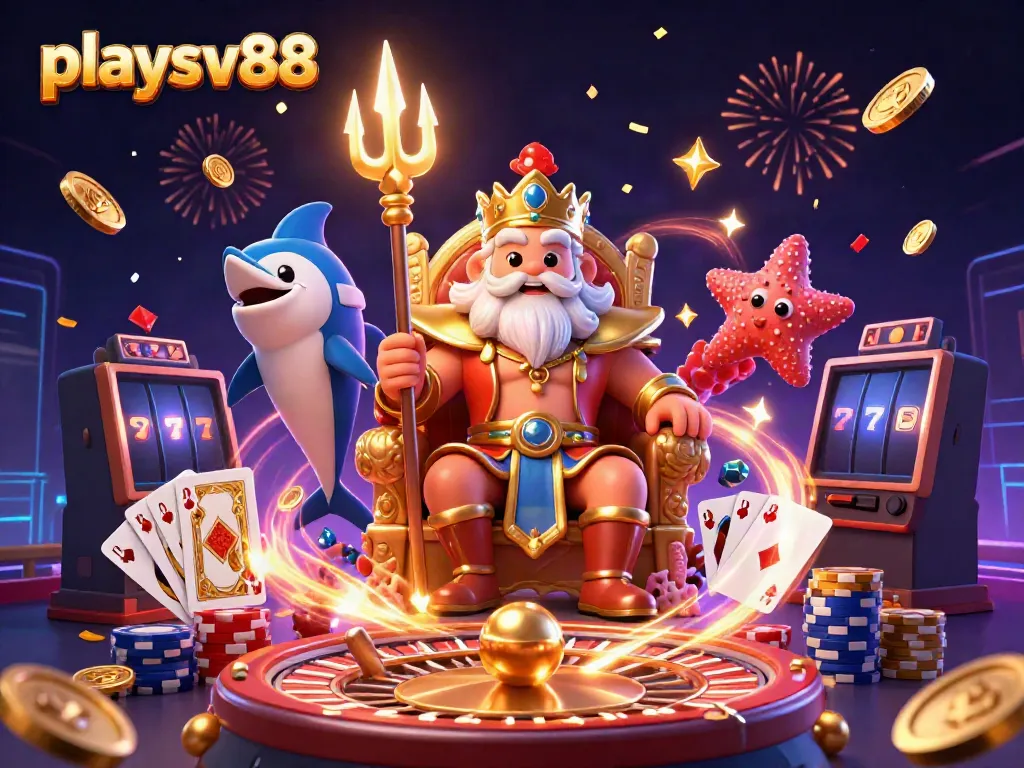 Experience the thrilling excitement of playsv88 with Neptune surrounded by casino elements and winning treasures.