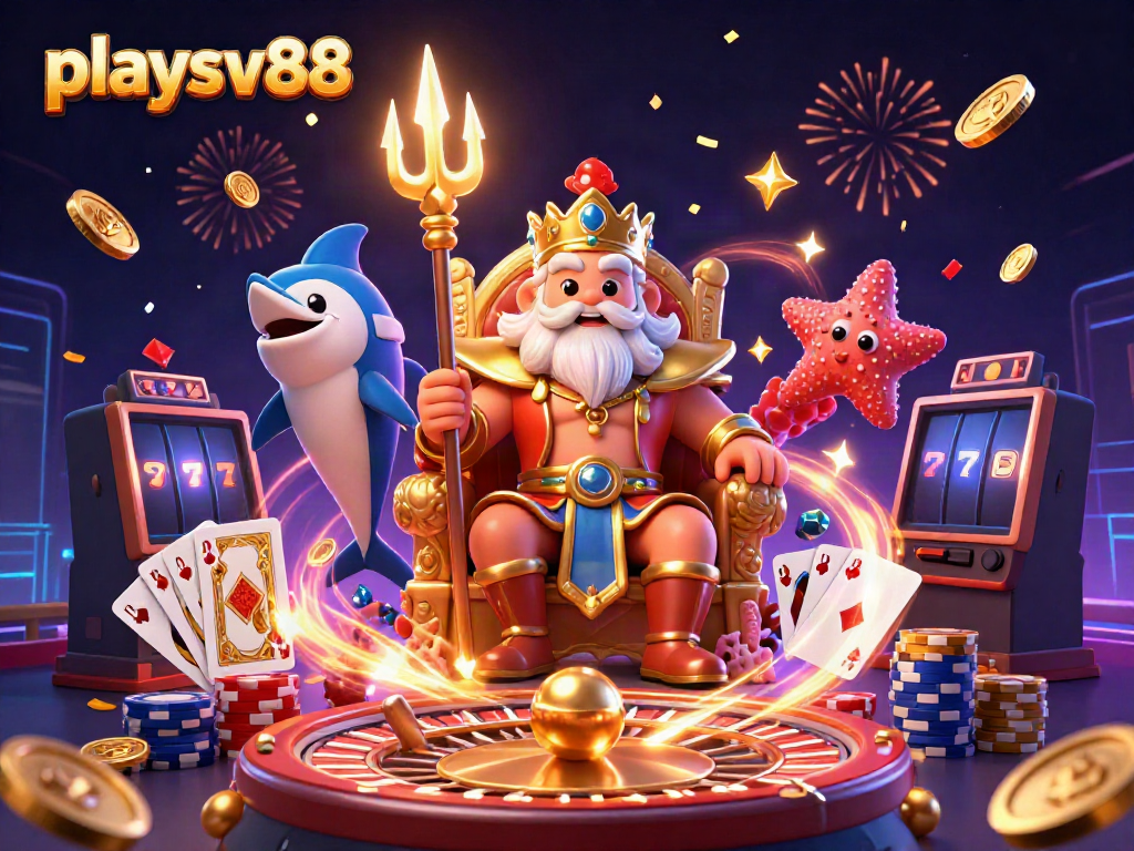 Experience the thrilling excitement of playsv88 with Neptune surrounded by casino elements and winning treasures.