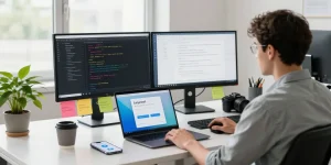 Telegram Chinese Version localization process in a modern tech workspace with developer and coding interface.