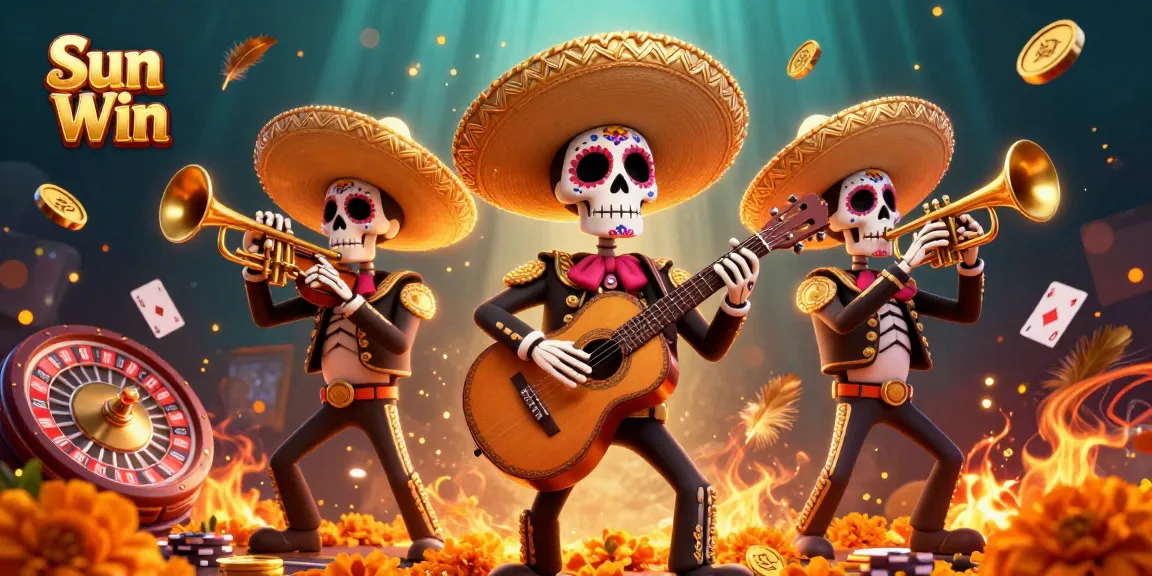 Experience the excitement at Sun Win with a vibrant 3D illustration featuring Dia de los Muertos mariachi skeletons playing in a dynamic casino scene.